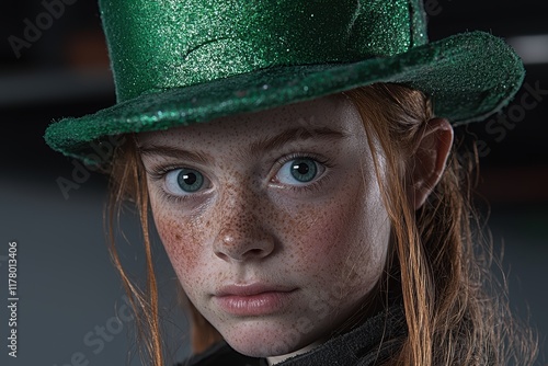 Close-up portrait of a freckled girl wearing a green leprechaun hat