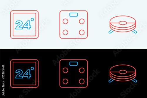 Set line Robot vacuum cleaner, Thermostat and Smart bathroom scales icon. Vector