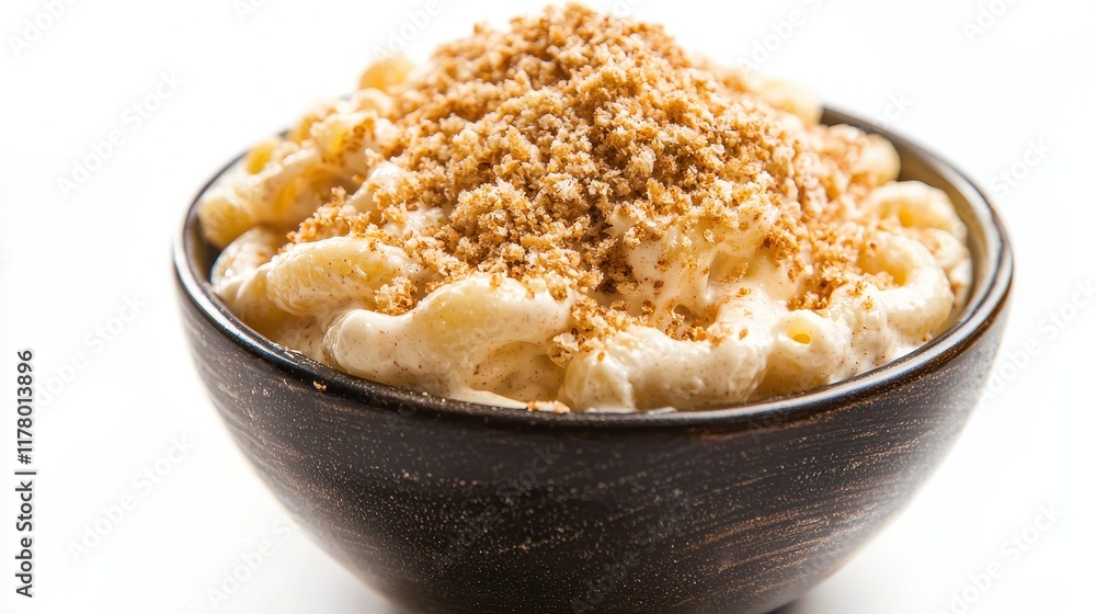 A delicious bowl of creamy mac and cheese with breadcrumbs on top on a white isolated background A delicious bowl of creamy mac and cheese with breadcrumbs on top on a white isolated background