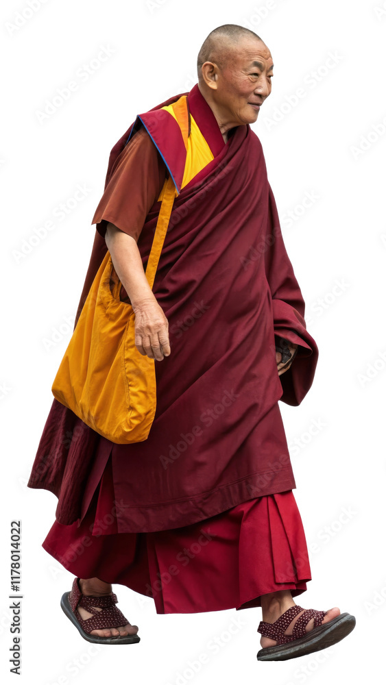 Cheerful elderly monk walking outside on transparent background Cheerful elderly monk walking outside on transparent background