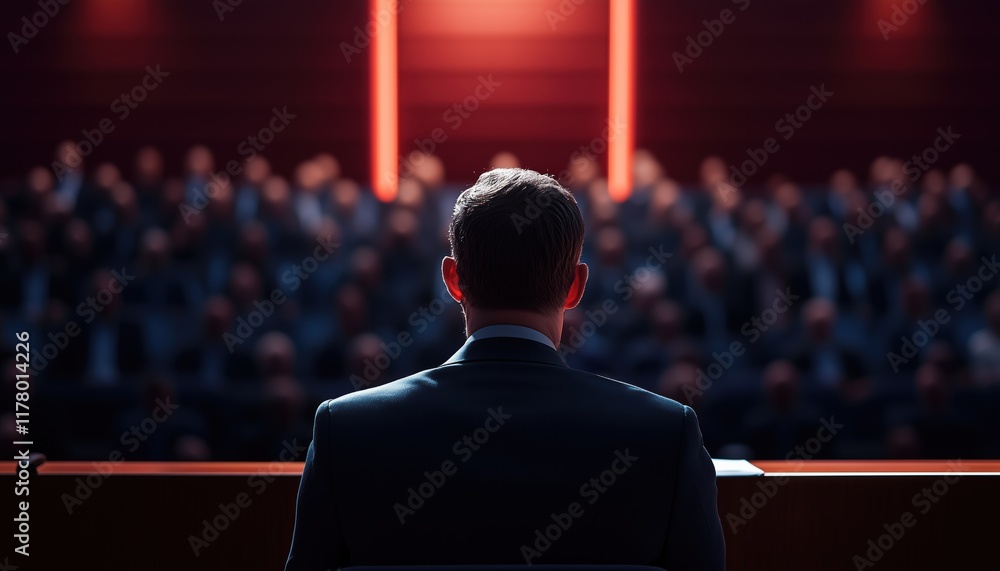 Unrecognizable People Focus: Speaker Presentation At Business Meeting In Conference Hall, Emphasizing Business And Entrepreneurship With Rear View Audience. Unrecognizable People Focus: Speaker Presentation At Business Meeting In Conference Hall, Emphasizing Business And Entrepreneurship With Rear View Audience.