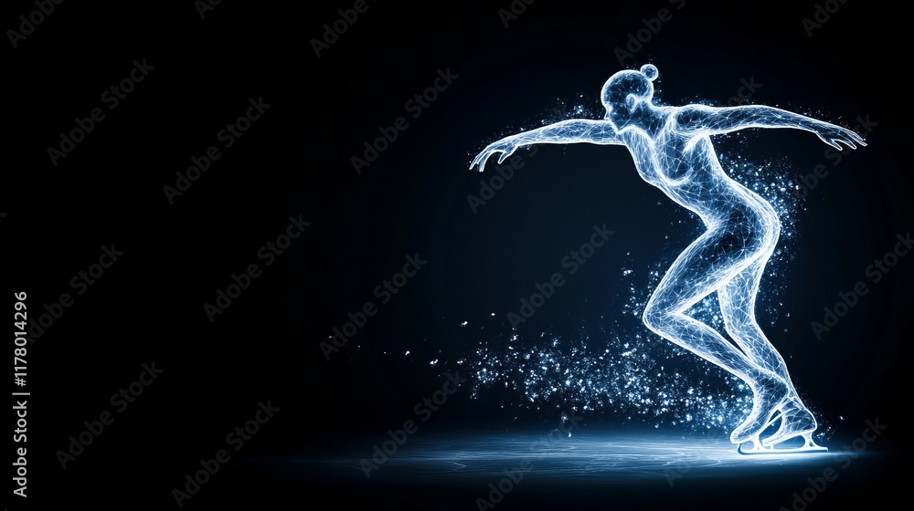 Fototapeta premium A female figure skater gracefully glides across the ice, her body a luminous constellation of light and motion.