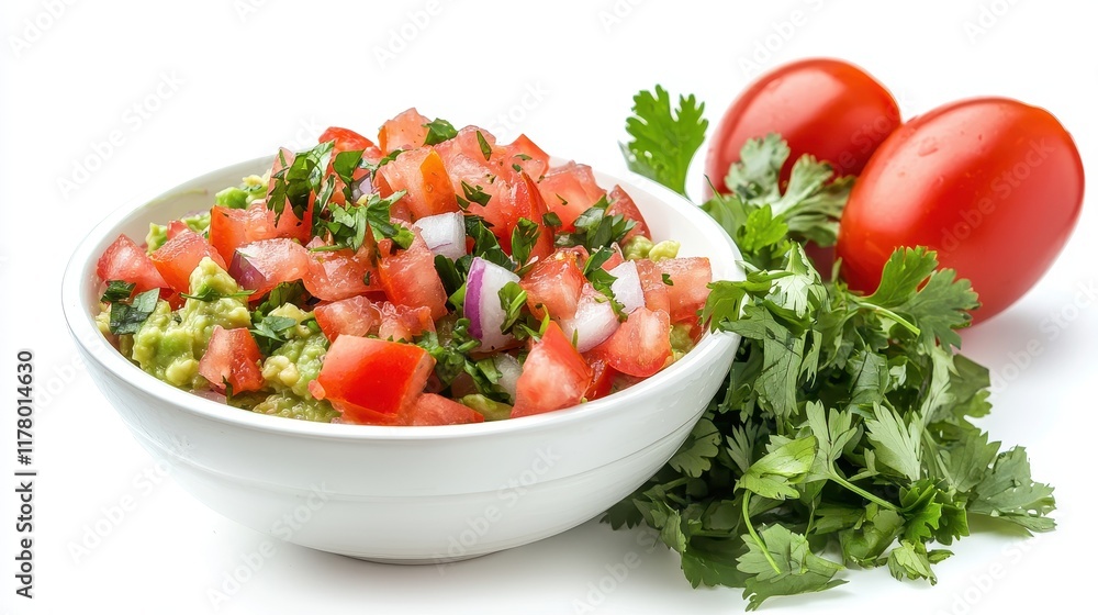 A bowl of fresh guacamole with diced tomatoes, onions, and cilantro on a white isolated background A bowl of fresh guacamole with diced tomatoes, onions, and cilantro on a white isolated background