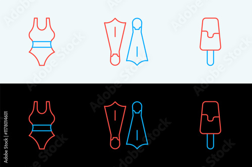 Set line Ice cream, Swimsuit and Rubber flippers for swimming icon. Vector