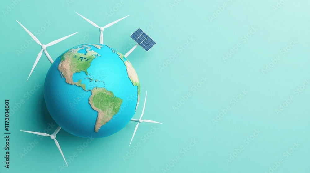 Naklejka premium Health sustains the growth of life’s goal. Sustainable energy concept with globe and wind turbines on a turquoise background.