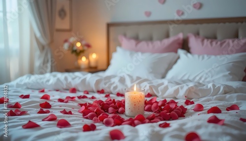 Cozy, romantic bed adorned with soft pillows, scattered rose petals, and a flickering candle, creating the perfect setting for a Valentine’s Day celebration or intimate evening