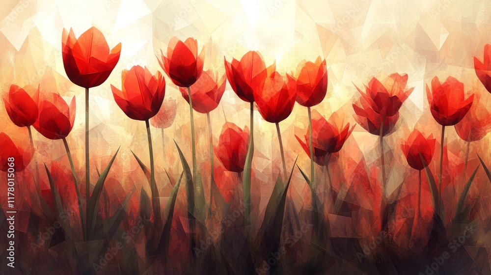 Obraz premium Red Tulips In A Field Of Geometric Art