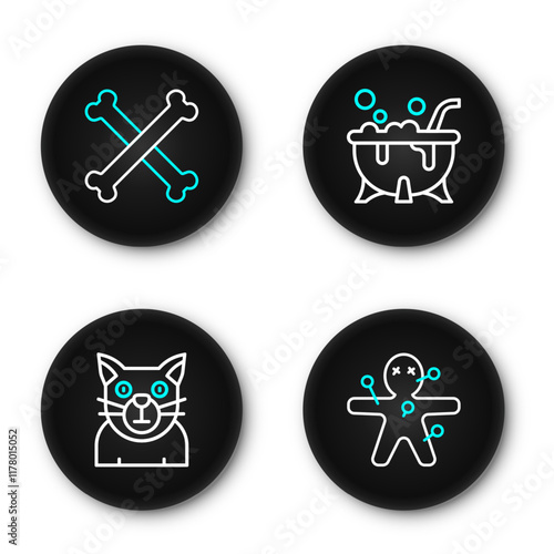 Set line Voodoo doll, Cat, Halloween witch cauldron and Crossed bones icon. Vector