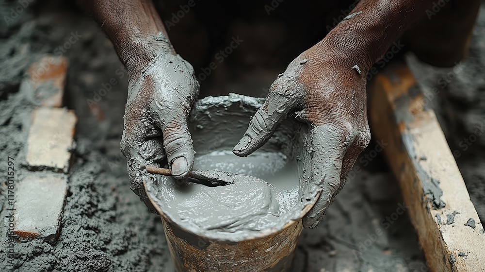  Hands covered in wet cement mixing mortar in a bucket at a construction site. The close-up highlights craftsmanship, manual labor, and the precision involved in masonry work.