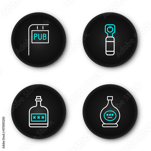 Set line Bottle of cognac or brandy, Alcohol drink Rum bottle, opener and Street signboard with Pub icon. Vector
