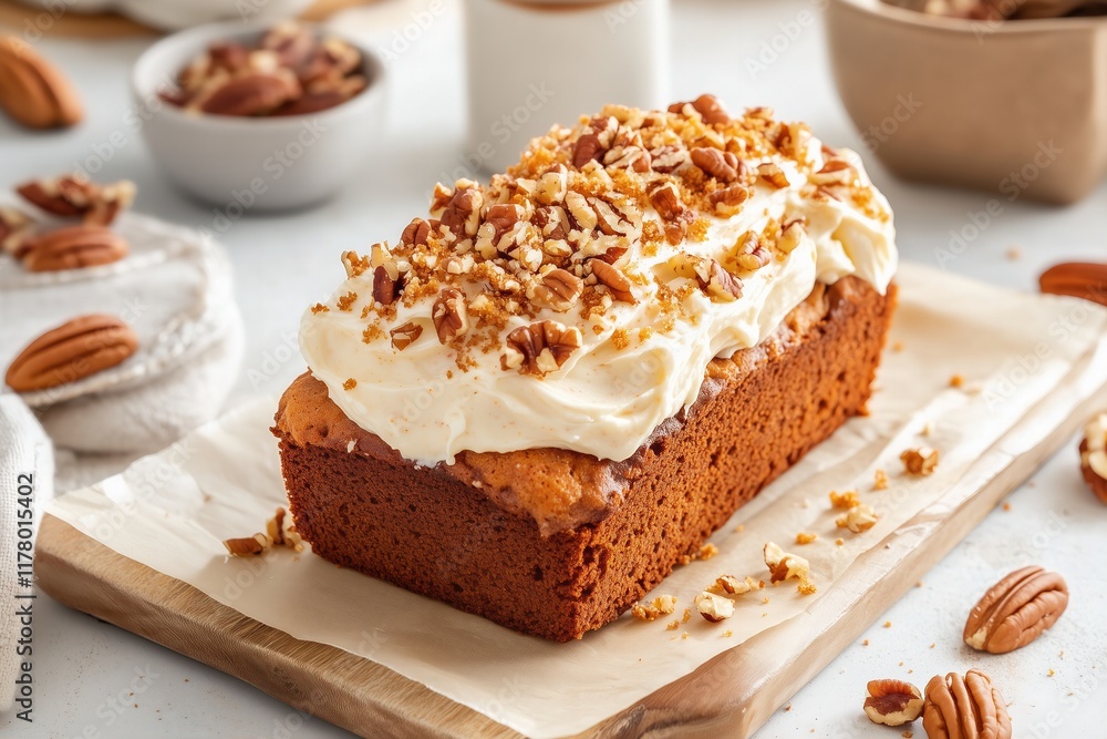 rustic carrot cake loaf, topped with a swirl of cream cheese frosting and sprinkled with crushed pecans, placed on parchment paper, warm and comforting vibe rustic carrot cake loaf, topped with a swirl of cream cheese frosting and sprinkled with crushed pecans, placed on parchment paper, warm and comforting vibe