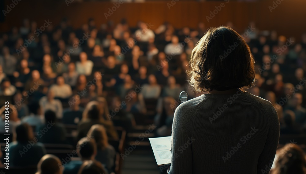 Fototapeta premium Woman Presenting At University Workshop In Lecture Hall With Audience In Conference Hall, Unidentified Participant'S Rear View. Scientific Conference Event.