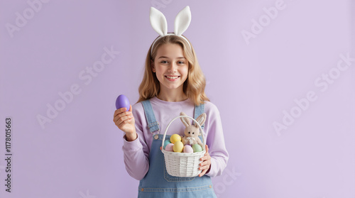 Happy girl with bunny ears holding a basket of colorful Easter eggs, festive holiday vibe photo