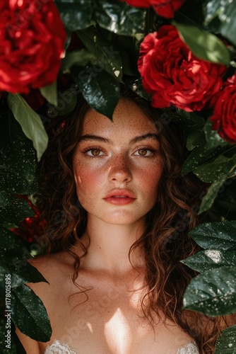 Beautiful woman with freckles surrounded by red roses