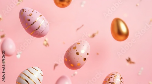 Decorated easter eggs with golden patterns floating on a pastel pink background