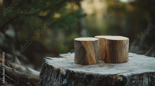 Wallpaper Mural Two rustic wood slices on a tree stump in a forest. Torontodigital.ca