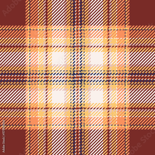 Stylish autumnal plaid pattern in warm earth tones.  Perfect for textile designs, fall-themed projects, or website backgrounds.  Offers a sophisticated and modern take on classic plaid.