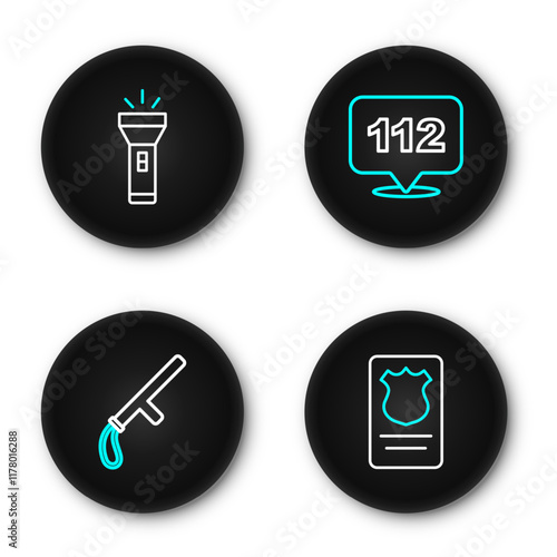 Set line Police badge with id case, rubber baton, Telephone call 112 and Flashlight icon. Vector