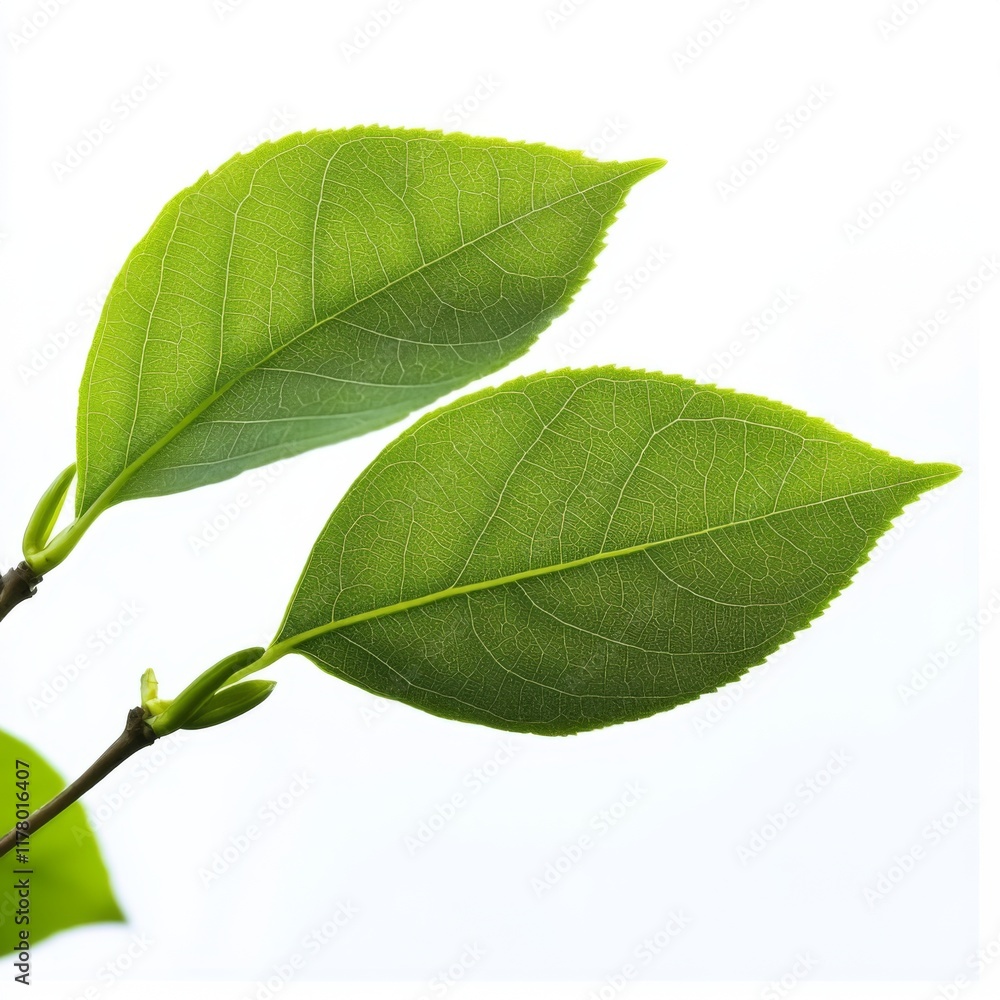 Naklejka premium Two vibrant green leaves on a branch against a white background.