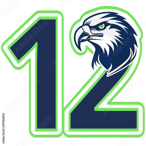 number 12 with hawks - Navy blue and neon green football, sport vector graphics for street art - graffiti lettering typography - art illustration - writen Word

