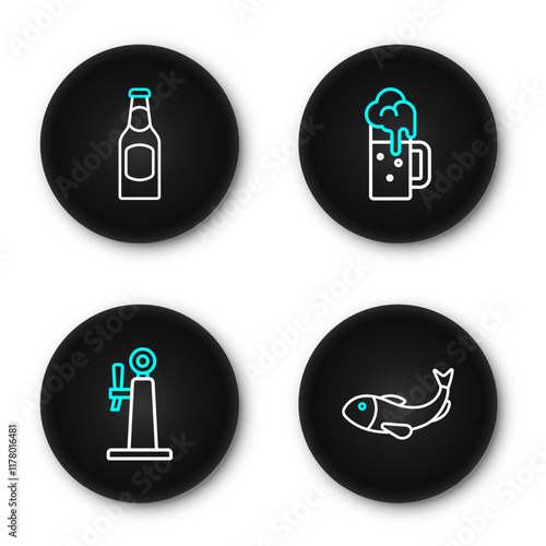 Set line Dried fish, Beer tap, Wooden beer mug and bottle icon. Vector