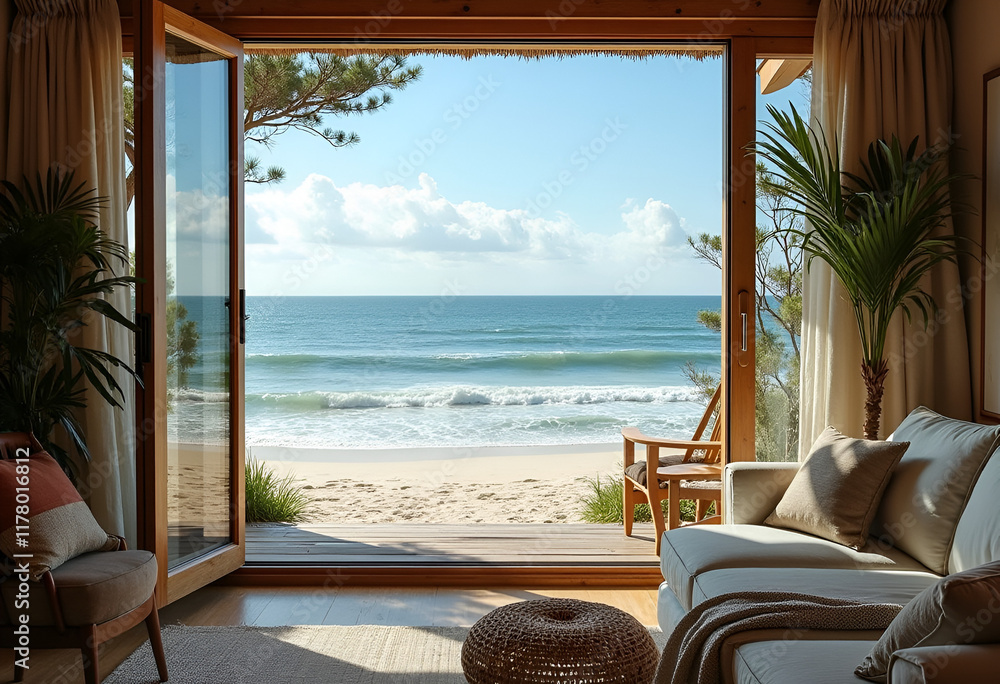 Obraz premium A house interior beach view from the window.
