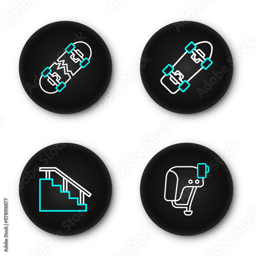 Set line Skateboard helmet, stairs with rail, and Broken skateboard icon. Vector