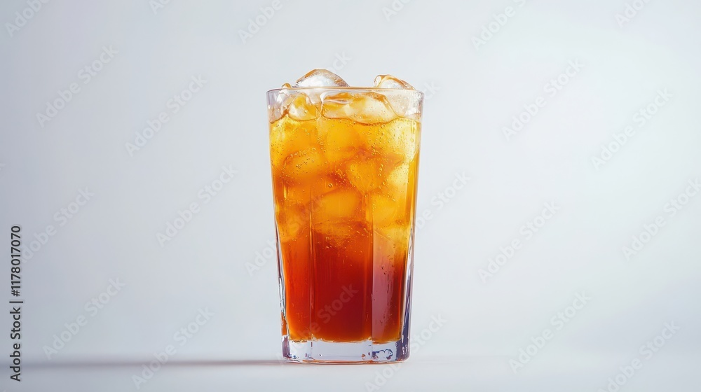 A fresh orange juice in a tall glass with ice cubes on a white isolated background A fresh orange juice in a tall glass with ice cubes on a white isolated background