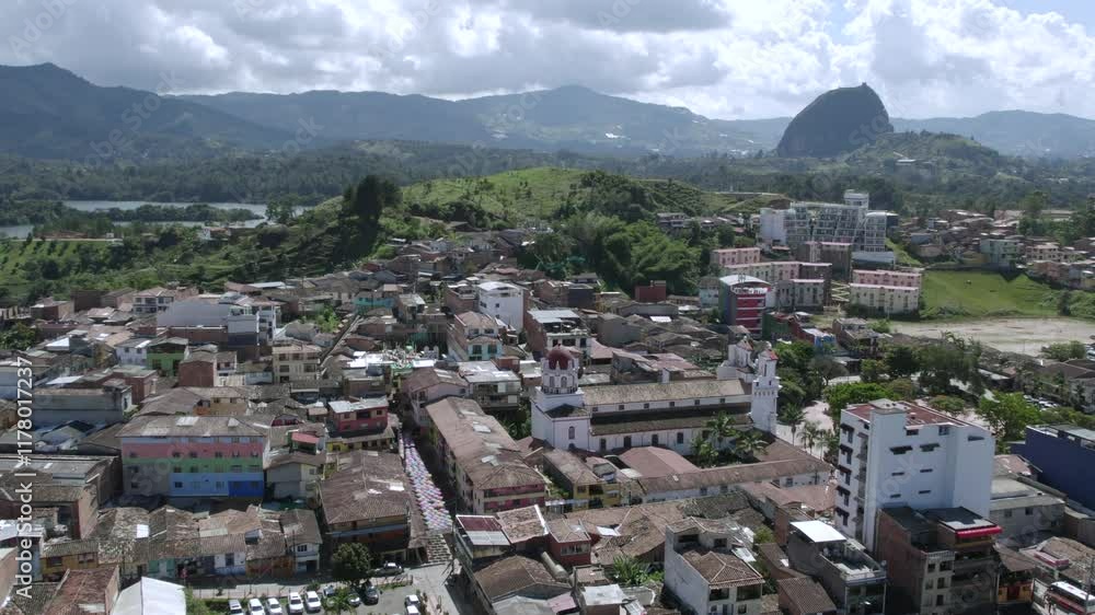 Drone shot of the town of Guatape in Colombia Drone shot of the town of Guatape in Colombia