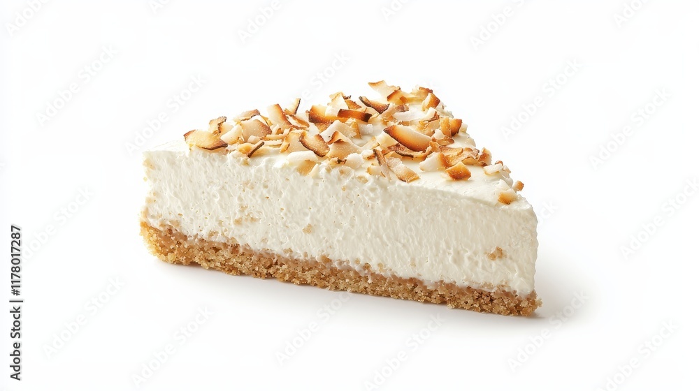 A slice of creamy coconut cake topped with toasted coconut flakes on a white isolated background A slice of creamy coconut cake topped with toasted coconut flakes on a white isolated background