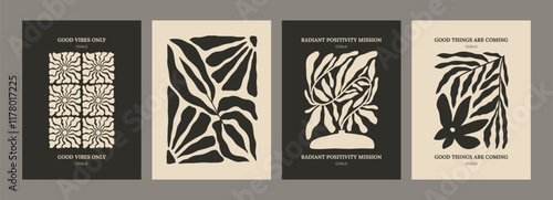 Trendy aesthetic posters with abstract groovy floral shape with flowers and leaves. Simple irregular wild plants. Black and White Naive funky prints for wall art. Boho summer illustrations