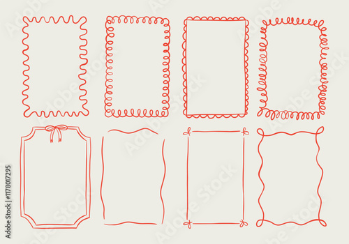 Set of elegant whimsical hand-drawn pink blue orange green color frames with wavy squiggle curly ribbons in trendy, vintage styles. Perfect for quirky holiday, wedding, birthday gift decorations