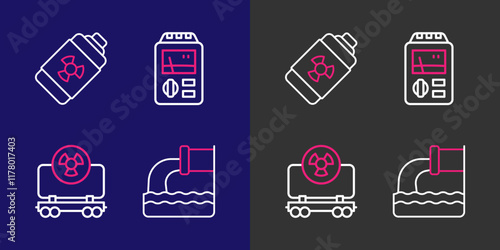 Set line Wastewater, Radioactive cargo train, Dosimeter and Nuclear energy battery icon. Vector