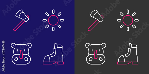 Set line Hunter boots, Rhinoceros, Sun and Wooden axe icon. Vector