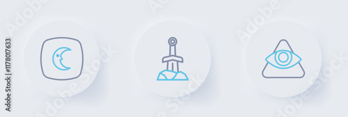 Set line All-seeing eye of God, Sword the stone and Moon and stars icon. Vector