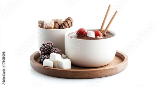 Fototapeta Naklejka Na Ścianę i Meble -  A rich chocolate fondue with fruits and marshmallows for dipping on a white isolated background