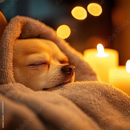 Dog spa relaxation concept. Cozy dog wrapped in a blanket with candles glowing nearby.