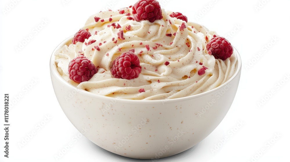 A creamy bowl of white chocolate mousse with raspberry garnish on a white isolated background A creamy bowl of white chocolate mousse with raspberry garnish on a white isolated background