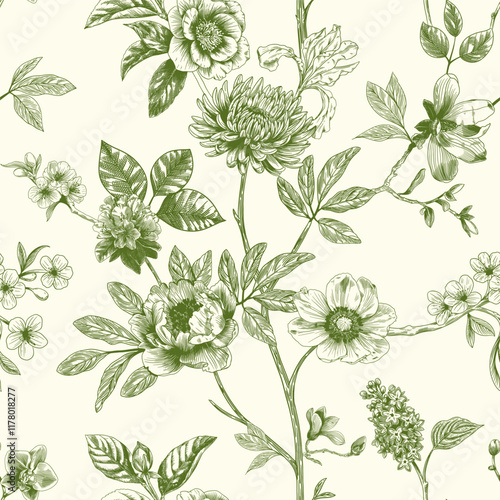 Abstract modern floral seamless pattern with hand drawn flower in Toile de jouy style. Retro elegance repeat print. Vintage design for fabric, wallpaper or wrapping