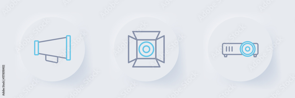 Set line Movie, film, media projector, spotlight and Megaphone icon. Vector Set line Movie, film, media projector, spotlight and Megaphone icon. Vector
