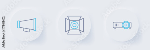 Set line Movie, film, media projector, spotlight and Megaphone icon. Vector