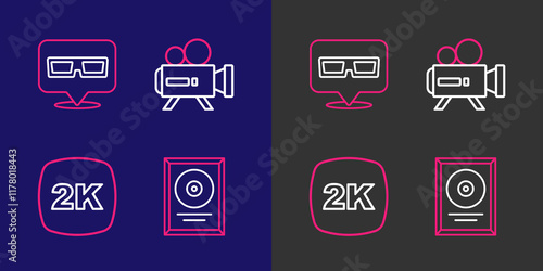 Set line CD disk award in frame, 2k Ultra HD, Retro cinema camera and 3D glasses icon. Vector