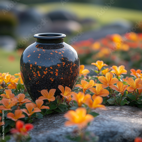 Black Cremation Urn with Orange Flowers in a Garden