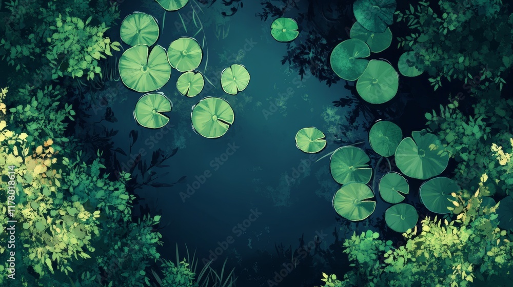 Fototapeta premium Swamp or lake top view with nenuphars or water lily pads. Natural background with deep marsh and lotus leaves, wild pond covered with duckweed and green waterlily plants, Cartoon vector illustration