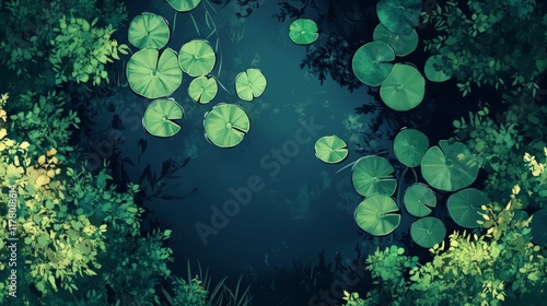Swamp or lake top view with nenuphars or water lily pads. Natural background with deep marsh and lotus leaves, wild pond covered with duckweed and green waterlily plants, Cartoon vector illustration