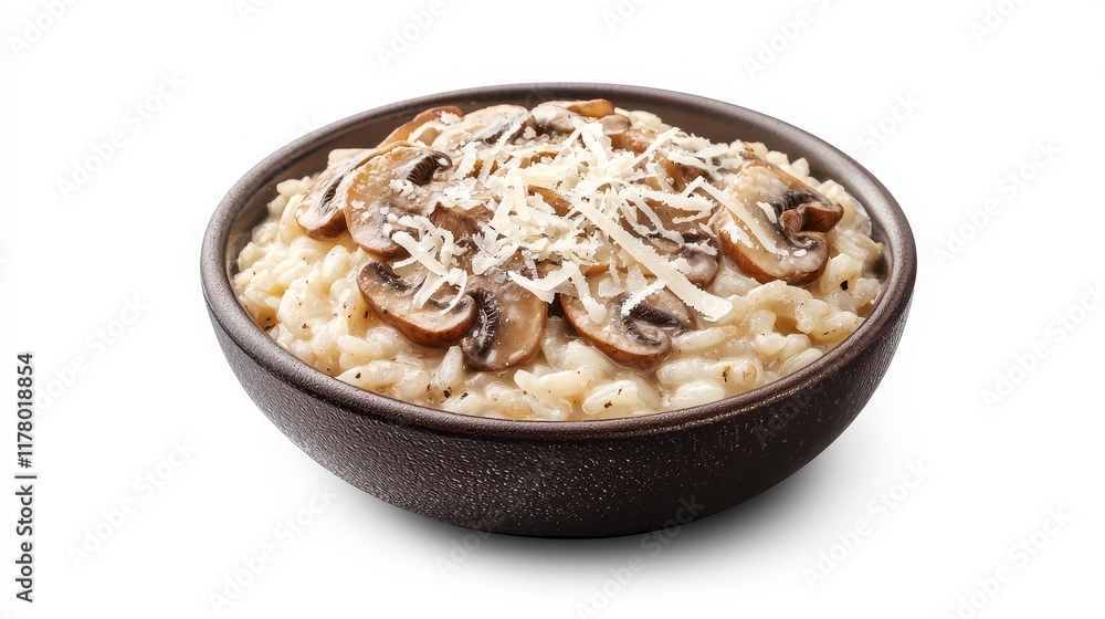 A creamy mushroom risotto topped with parmesan cheese on a white isolated background A creamy mushroom risotto topped with parmesan cheese on a white isolated background