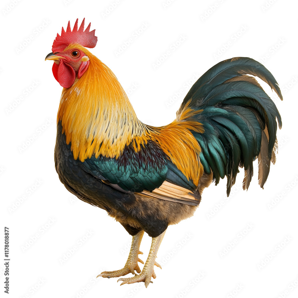 Fototapeta premium Colorful rooster standing proudly on farm