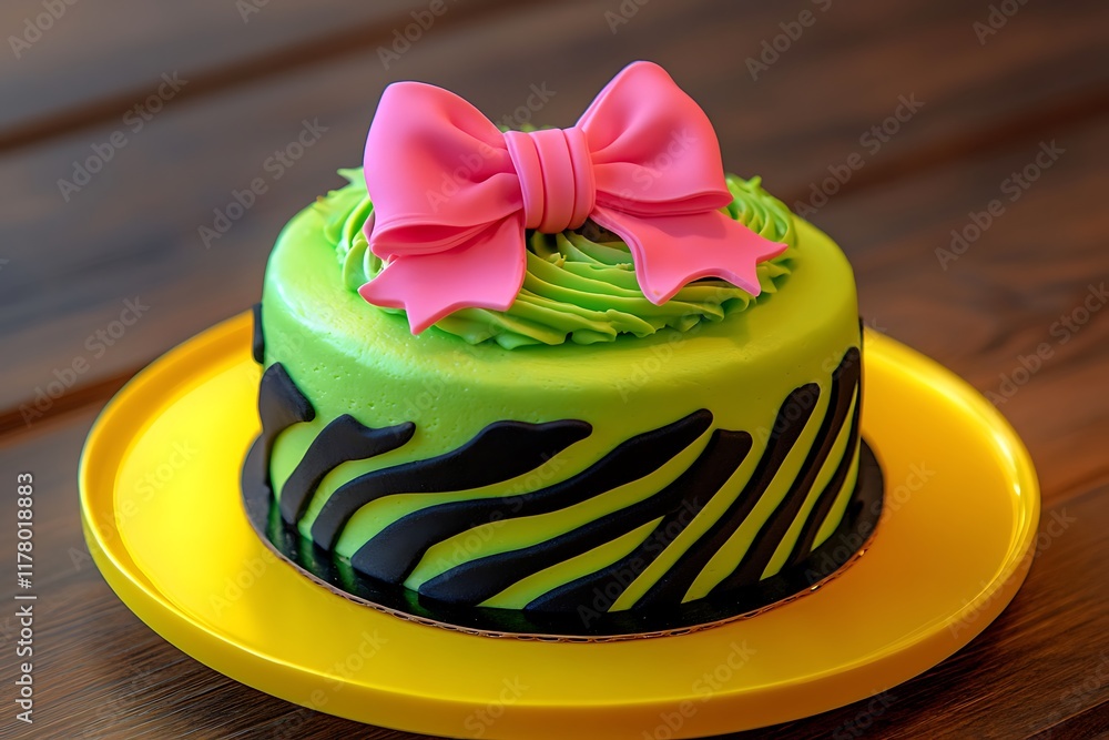 A small round birthday cake with electric lime green icing and black zebra stripes, topped with a neon pink fondant bow, on a bright yellow platter. A small round birthday cake with electric lime green icing and black zebra stripes, topped with a neon pink fondant bow, on a bright yellow platter.