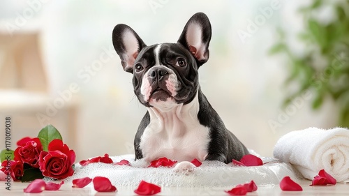 Dog spa relaxation concept. Adorable dog surrounded by rose petals and towels in a bright setting