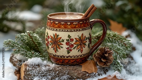 Wallpaper Mural  Warm hot chocolate mug with steam rising, placed on a snowy log and surrounded by pine branches and frosted leaves, creating a cozy and inviting winter scene. Torontodigital.ca